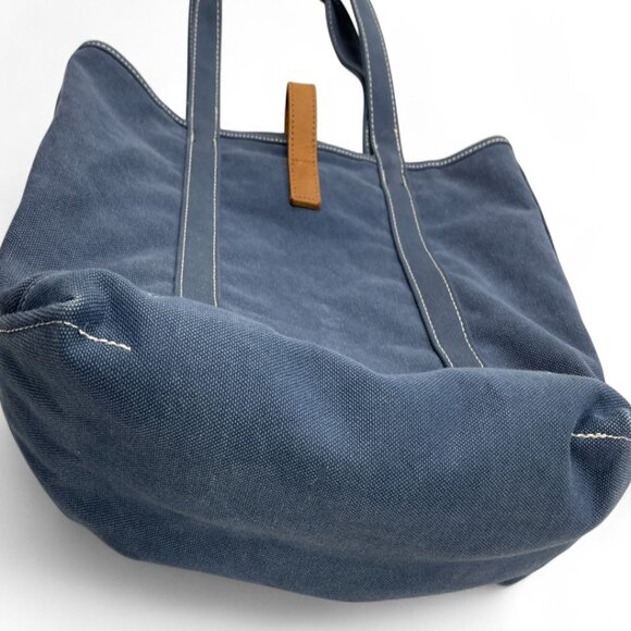 L.L. Bean Blue Cotton Canvas Leather Tote Bag Women's Multiple Pockets - Picture 3 of 9